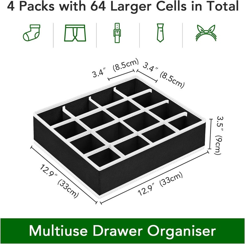 Easortm Sock Organizer 4 Pack - 16 Cell Underwear Organizer Foldable Underwear Storage, Sock and Underwear Drawer Organizer for Socks Ties Underwear Belts. (Black) - Image 2